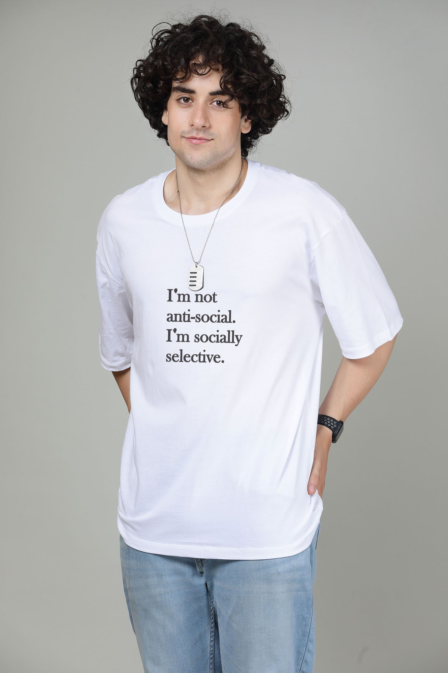I am not anti social Radiant White - Printed Oversized Tees
