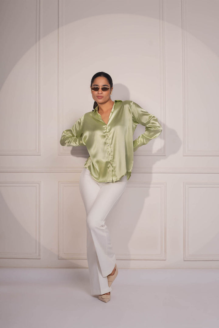 Topaz Satin Shirt: Pistachio