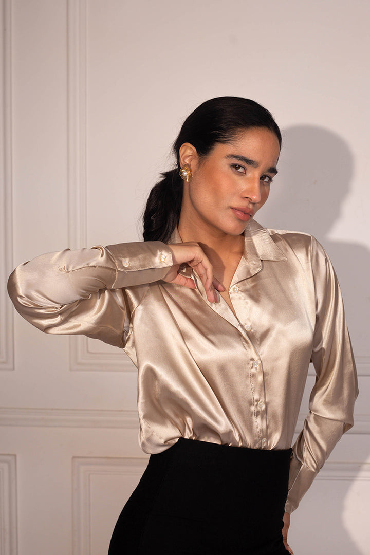 Topaz Satin Shirt: Latte