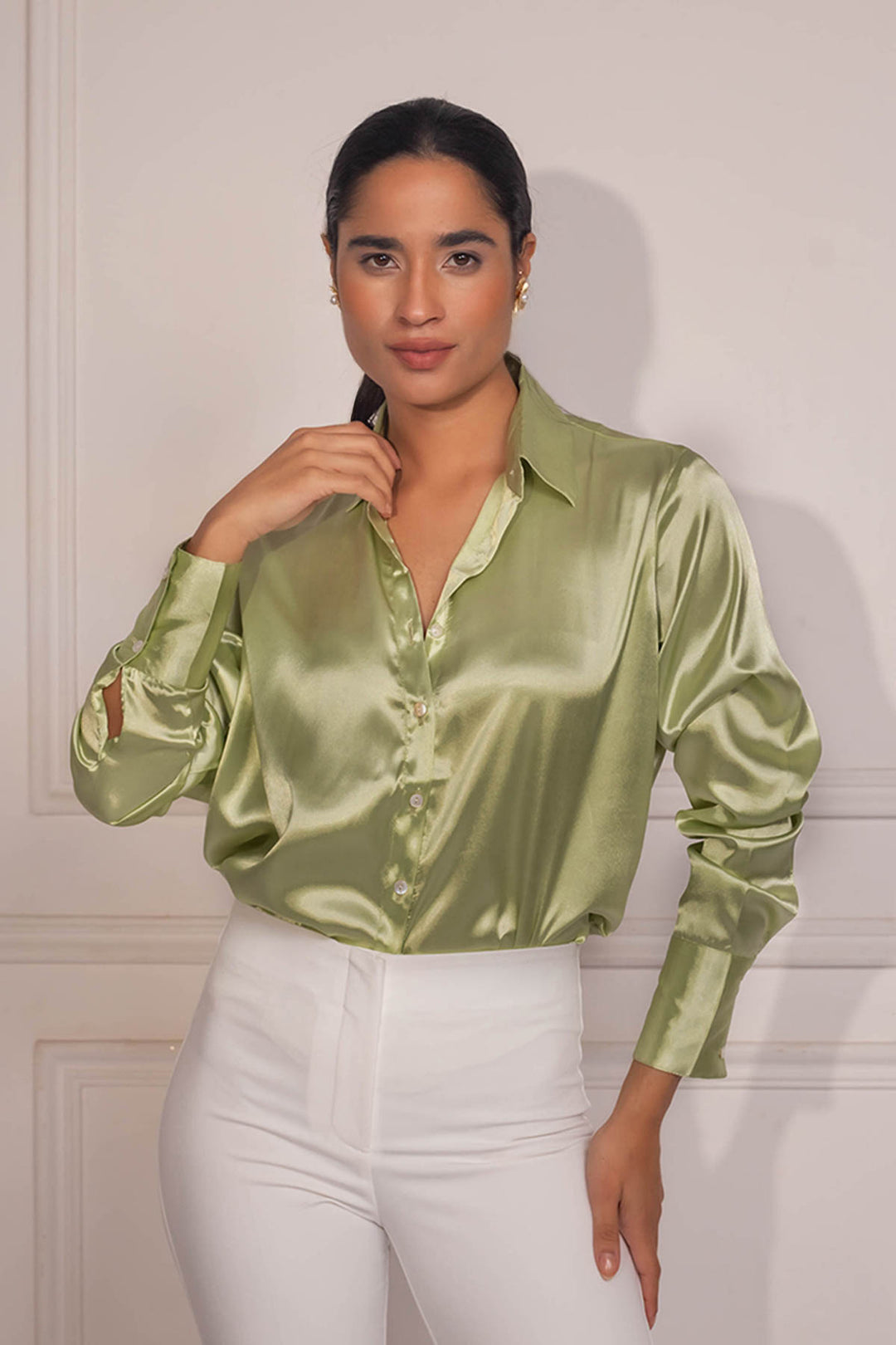 Topaz Satin Shirt: Pistachio