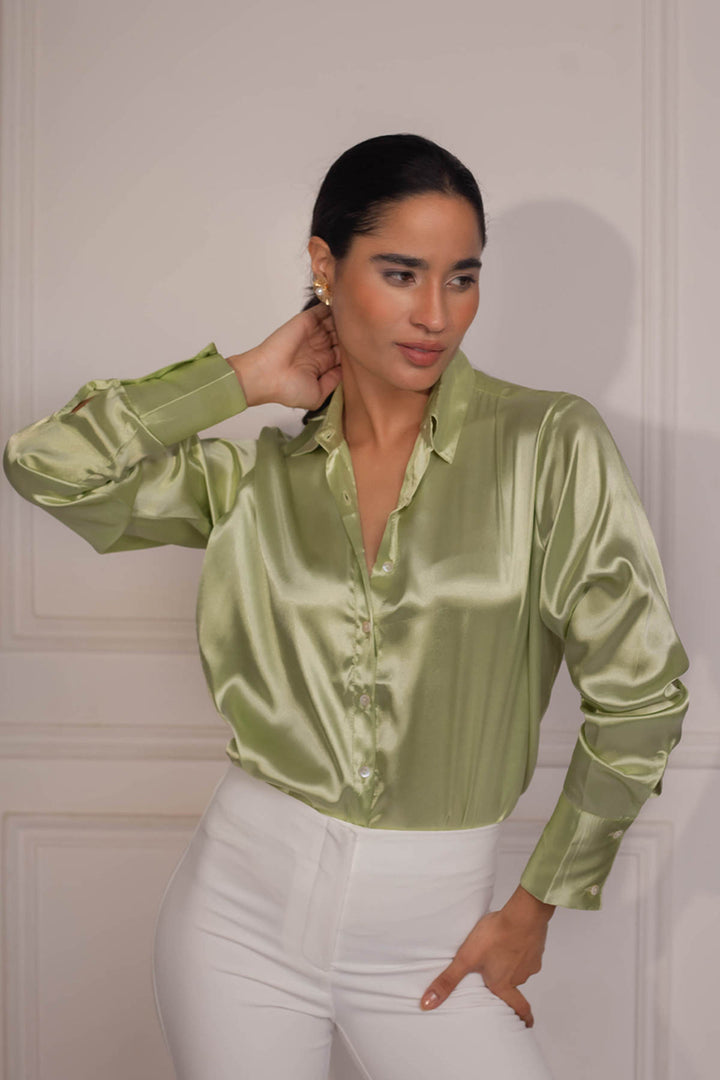 Topaz Satin Shirt: Pistachio