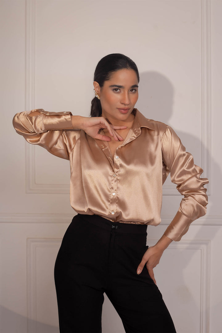 Topaz Satin Shirt: Sepia