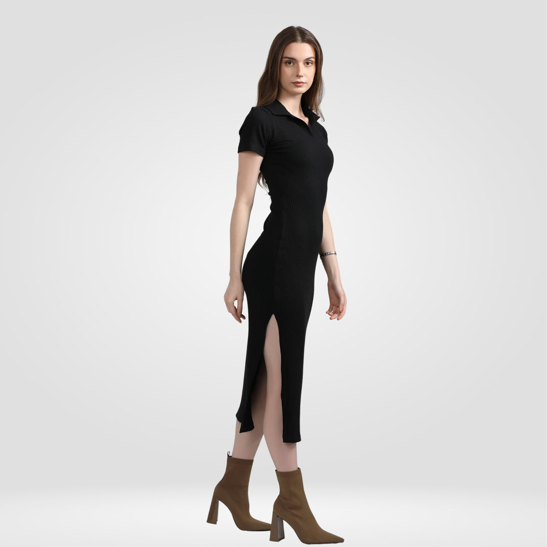 Ribbed Polo Dress - Black