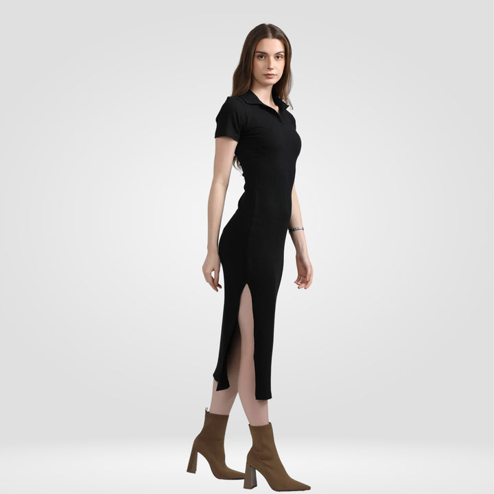 Ribbed Polo Dress - Black