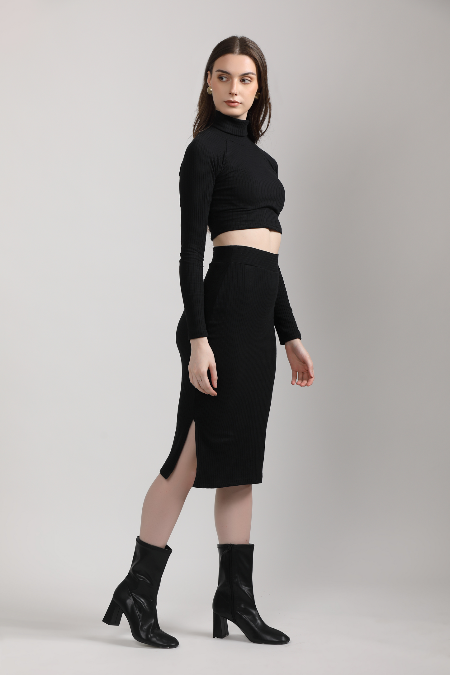 Black Coord Set -Turtle Neck Crop Top & Skirt