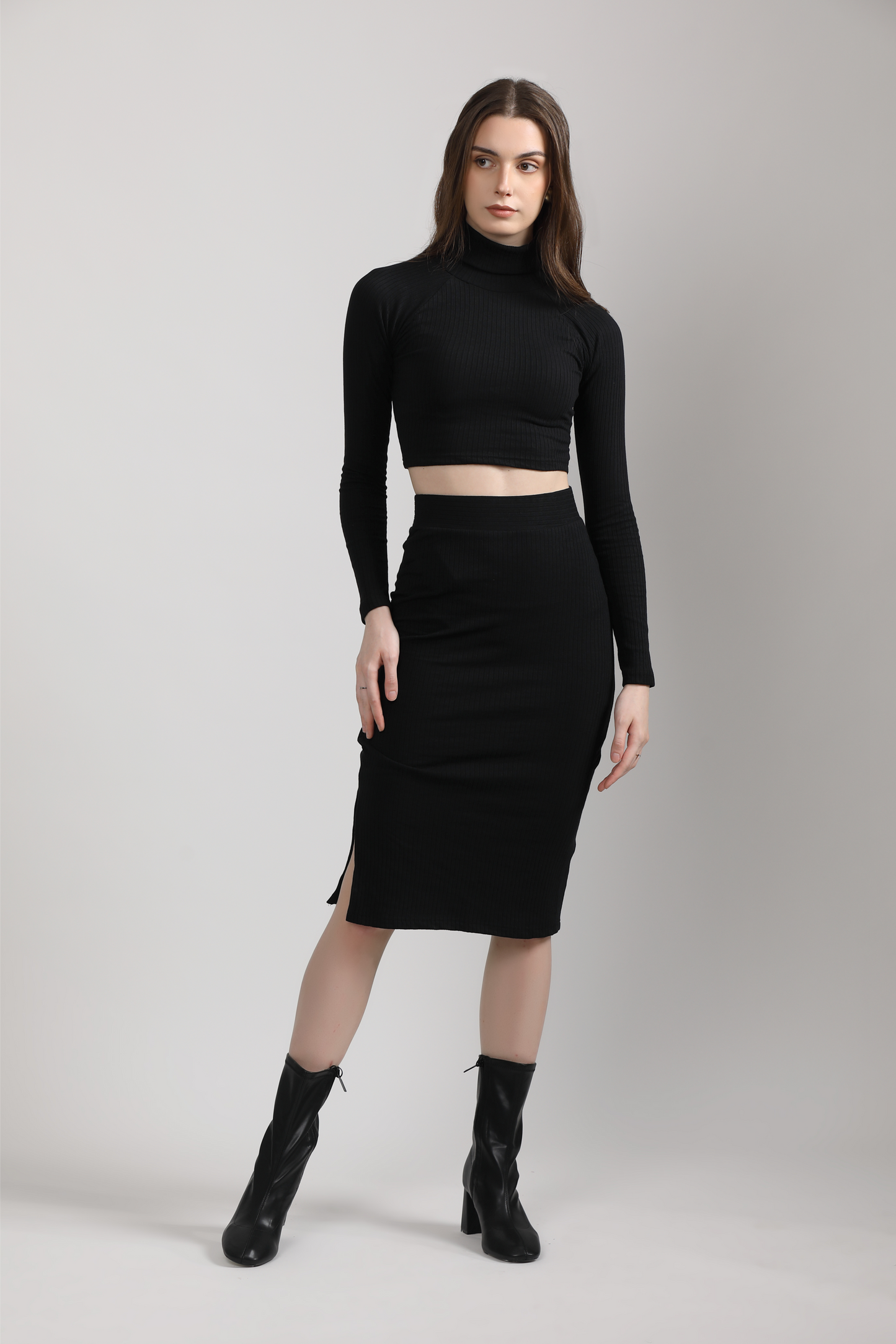 Black Coord Set -Turtle Neck Crop Top & Skirt