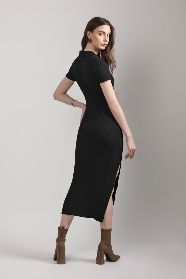 Ribbed Polo Dress - Black