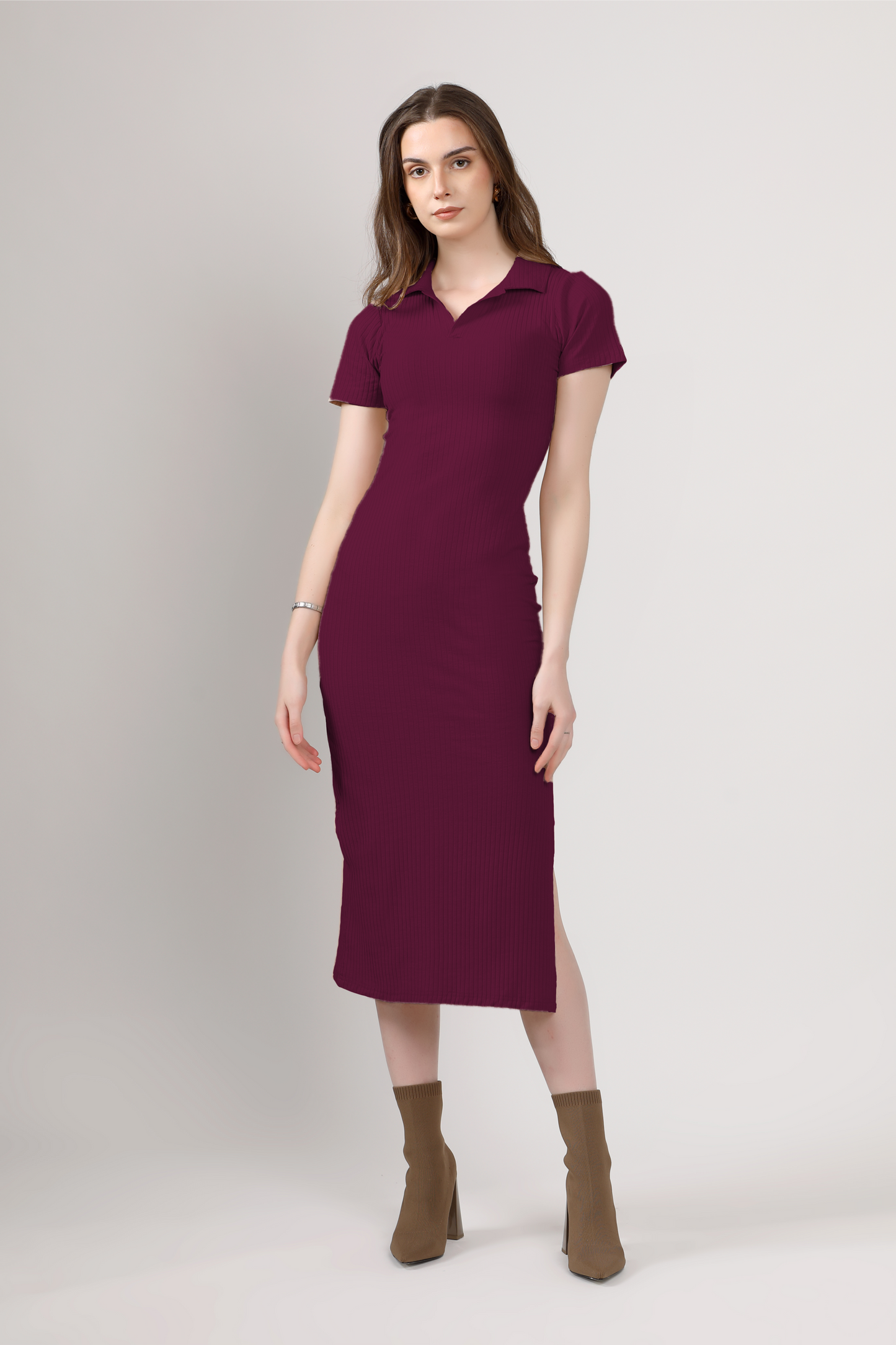 Ribbed Polo Dress - Cherry berry