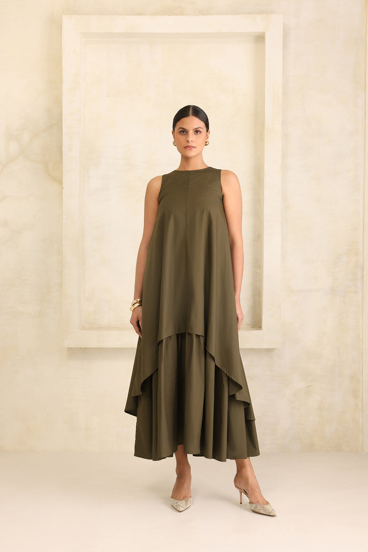 IRIS DOUBLE LAYERED DRESS- OLIVE