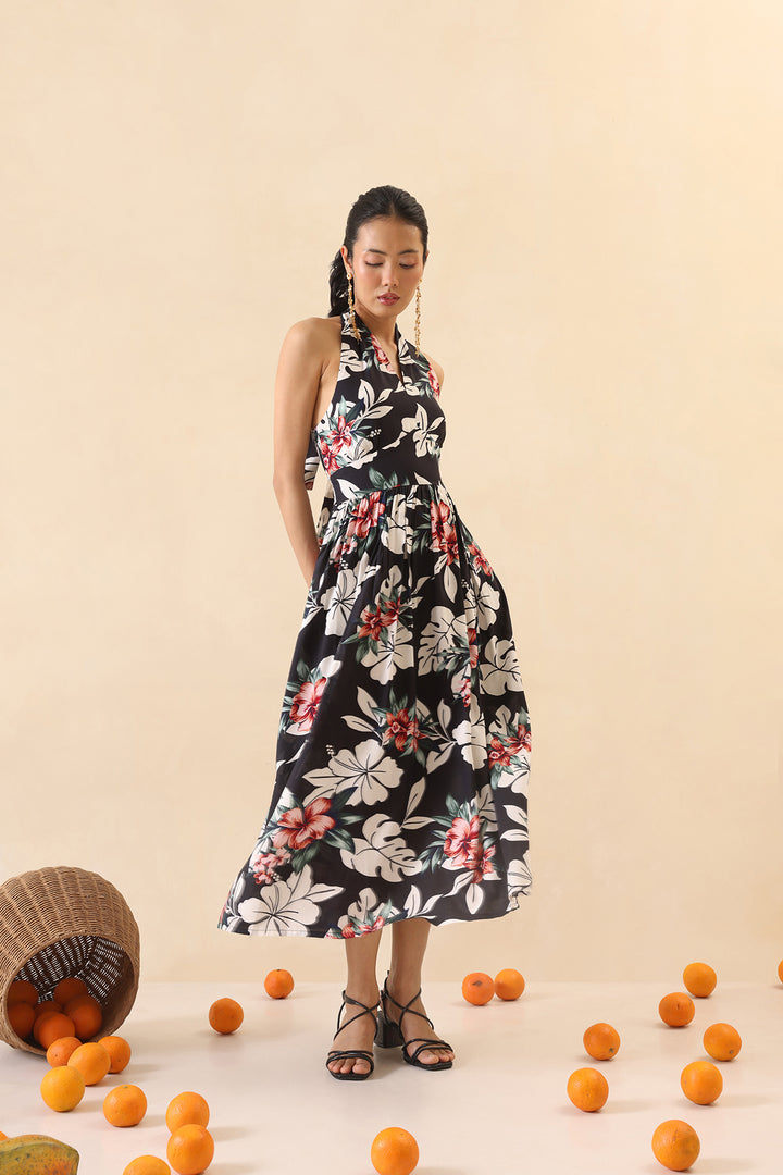 VICTORIA DRESS- BLACK FLORAL PRINT