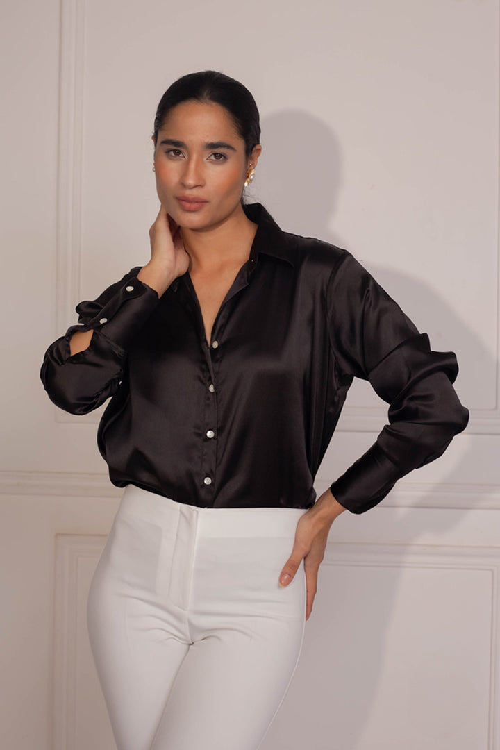 Topaz Satin Shirt: Black