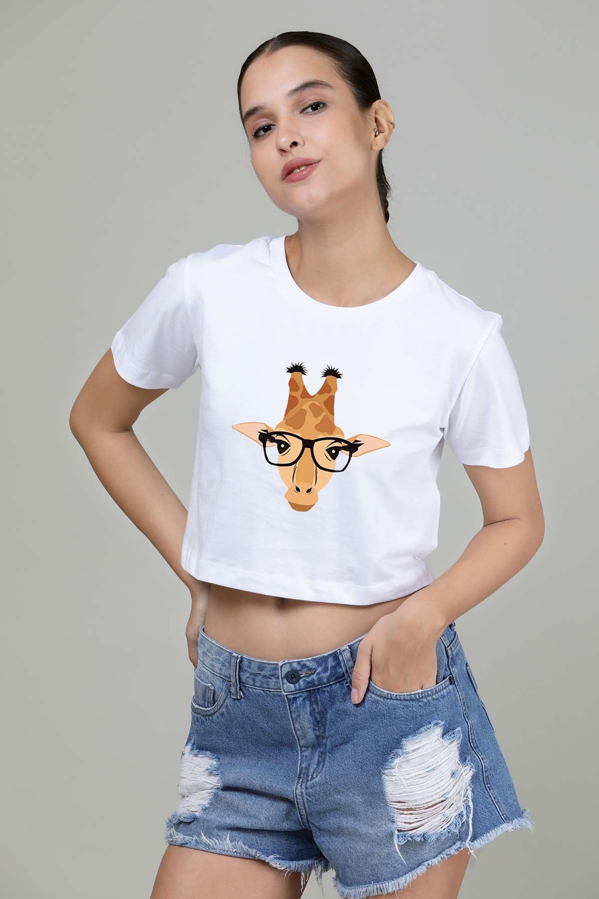 Giraffe With Glasses Printed Crop Top